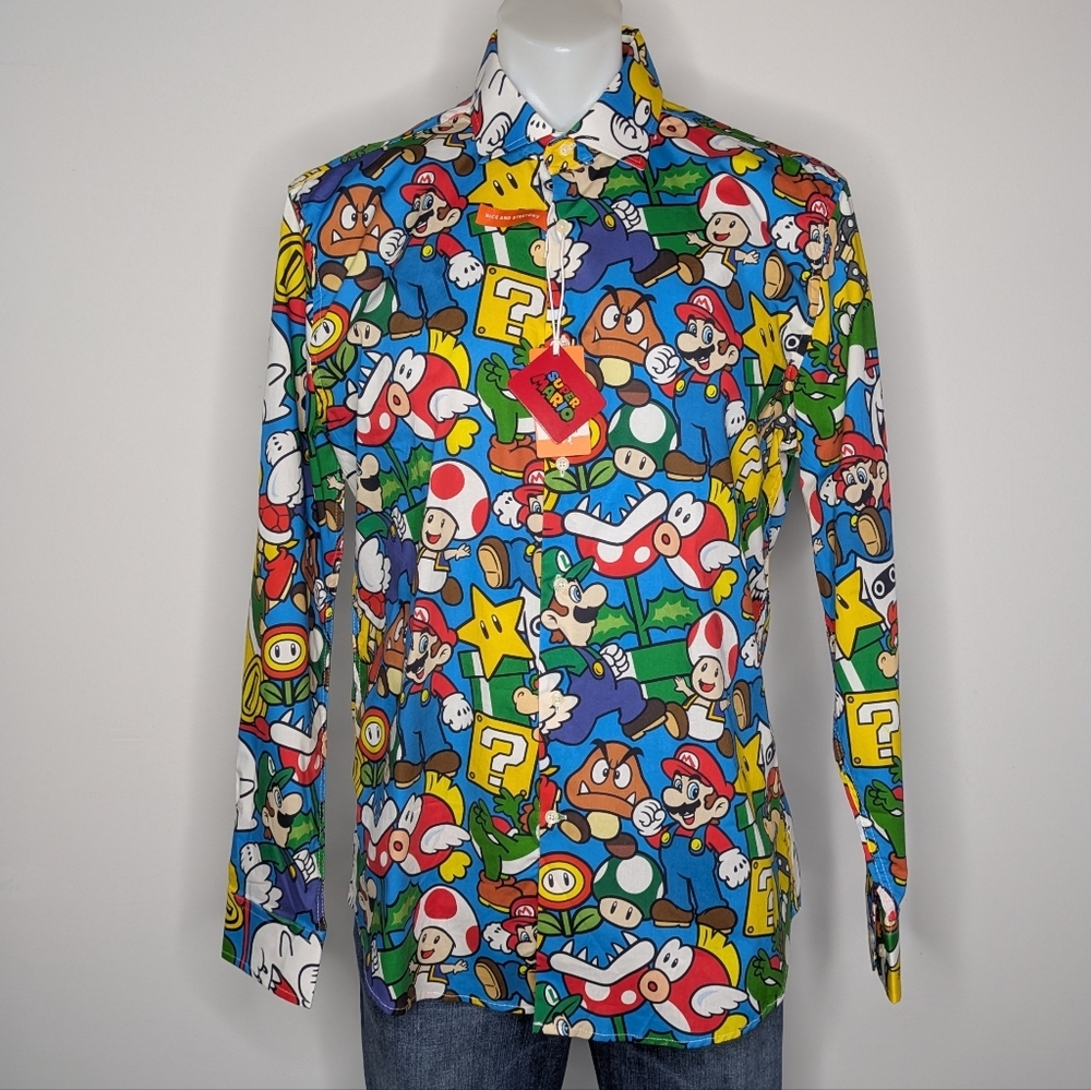 NWT Opposuits Super Mario Long Sleeve Collared Bottom Up Cotton Blend Shirt L